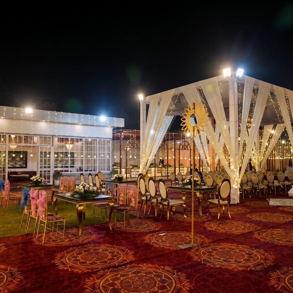 Wedding mandap decor at the Lotus Resort lawns